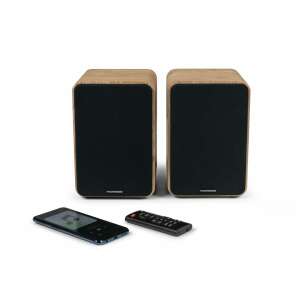 Thomson WS602 wireless bookshelf speakers, brown, with remote control and phone - Speaker