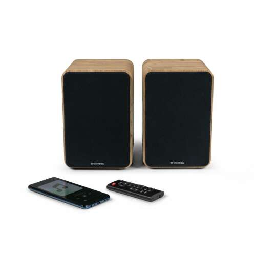 Thomson WS602 vezeték nélküli könyvespolc hangszórók, barna, távirányítóval és telefonnal