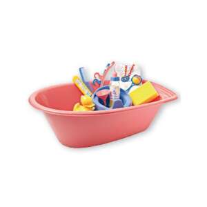 Heless pink bathtub for baby dolls with accessories, including a bottle, a diaper, a sponge, a thermometer, a hairbrush, a rattle, a pacifier, two clothes hangers, and a diaper - Doll accessory