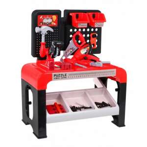 Bowa kids toy workbench with tools, red and black, includes drill, hammer, saw, screwdriver, pliers, screws, nails, and more - Ramiz DIY Craft Kit