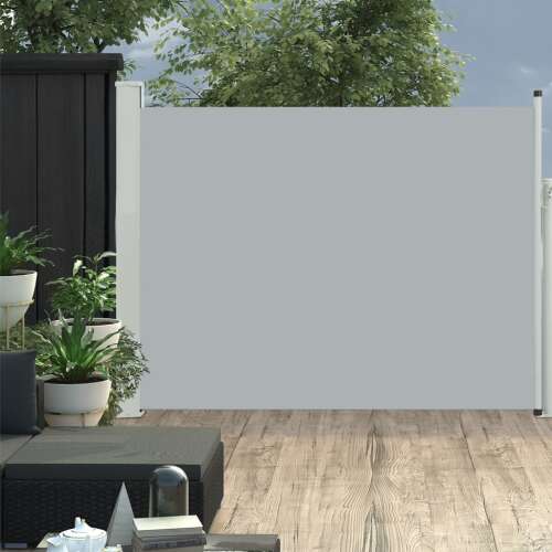 vidaXL szürke kihúzható oldalsó teraszi napellenző 140 x 500 cm, telepítve egy teraszra növényekkel és bútorokkal - Belátásgátló