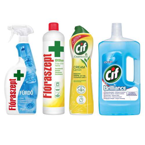 Pachet produse de curățare Cif și Flóraszept: Cif Brilliance Ocean, Cif Lemon Cream, Flóraszept Dezinfectant, Flóraszept Spray pentru baie