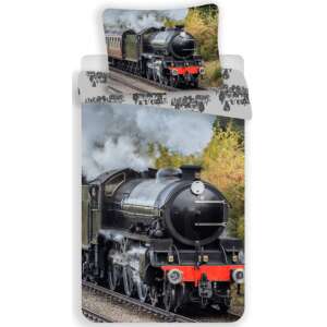 Vonat ágynemű szett, 140x200cm paplanhuzat és 70x90cm párnahuzat, gőzmozdony mintával - Jerry Fabrics