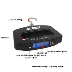 Eurostar 50kg digitális akasztós mérleg, fekete, LCD kijelzővel, horoggal, markolattal, tára funkcióval, súly mértékegységek: g, oz, kg, lb - Halmérlegelő eszköz