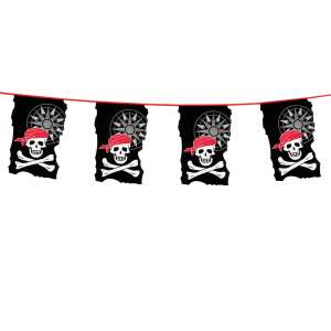 Piraten-Girlande, 10 Meter lang, schwarze Flaggen mit Totenkopf und Knochen und Kompass-Design - Partydeko