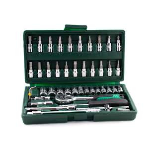 Flinke 46 piece socket wrench set, includes socket wrenches, ratcheting wrench, extension bars, screwdriver bits, and more - Flinke