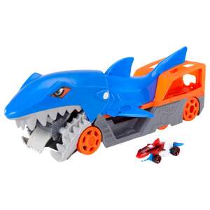 Hot Wheels Shark Bite Carrier toy car transporter, blue shark design with orange and grey details, includes one Hot Wheels car - Mattel