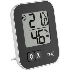TFA Dostmann MCT30502601 digital room thermometer with humidity sensor, shows temperature and humidity, smiley face comfort indicator, black and silver - Weather Station