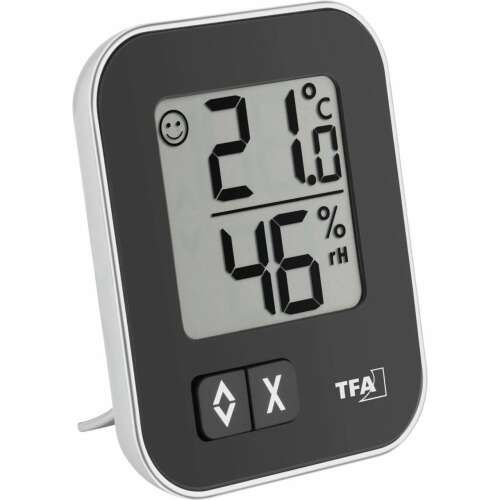 TFA Dostmann MCT30502601 digital room thermometer with humidity sensor, shows temperature and humidity, smiley face comfort indicator, black and silver
