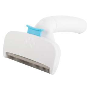 White pet hair remover brush with blue button, angled view - Pet Care