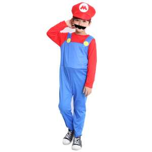 Super Mario costume for kids, classic Mario costume for boys, red and blue jumpsuit, hat and mustache, 3-5 years old, 90-115 cm - KidMania Costume for Kid