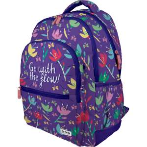 Flow ergonomic school backpack with colorful floral pattern, purple and blue, front view - School Bag