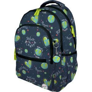 Planet ergonomic backpack for school, blue with green and pink hearts and earth print, front view - School Bag