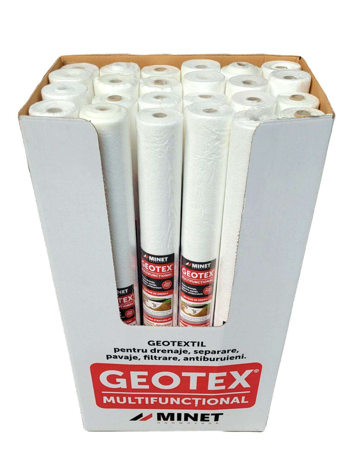 Bax 24 role Folie membrana geotextil Geotex multifunctional, 100gr/mp, latime 1 m, lungime 12m/rola, suprafata 12mp/rola, suprafata totala 288 mp, alb