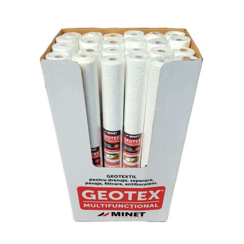 24 role Minet Geotex geotextil multifuncțional, 100 gr/m2, 1 m lățime, 12 m lungime pe rolă, 12 m2 pe rolă, suprafață totală 288 m2, alb