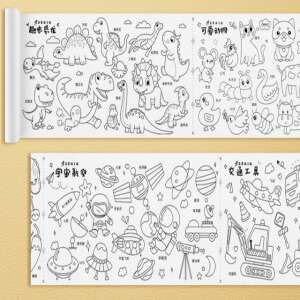 Large coloring roll with dinosaurs, space, animals, and transportation themes - Activity Book, Coloring