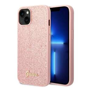 Guess Glitter Script Collection iPhone 14 Plus Case, pink, with glitter and gold logo - Guess