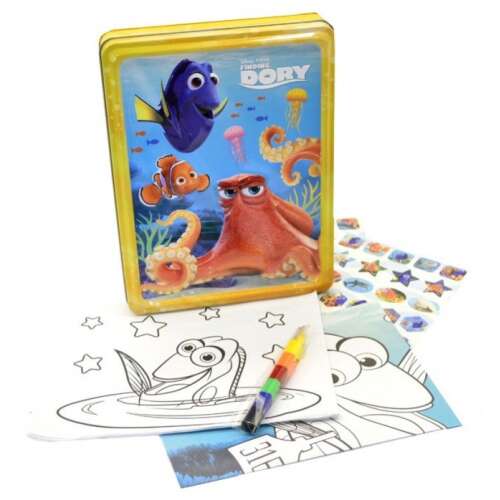 Finding Dory Creative Set in a Tin Box, coloring pages, stickers, markers, and a poster