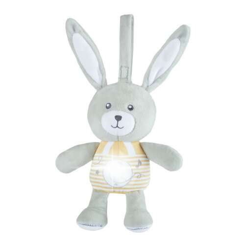 Chicco Lullaby Stardust Bunny glazbena plišana igračka s noćnom lampicom, sivi i žuti zečić sa svijetlećim trbuhom