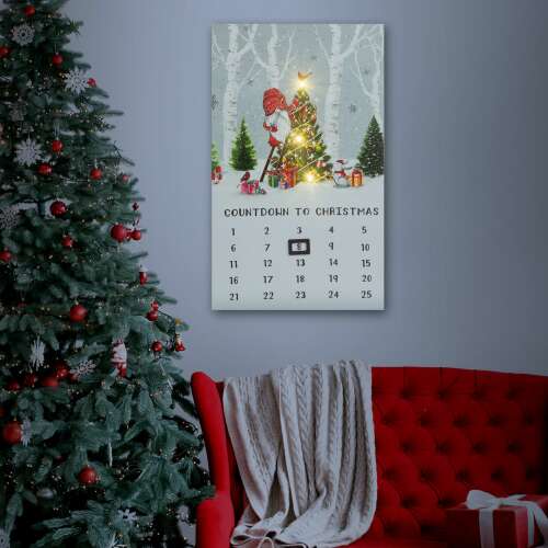 Calendar advent LED cu gnom, 30x50 cm, lumini LED alb cald, numărătoarea inversă până la Crăciun