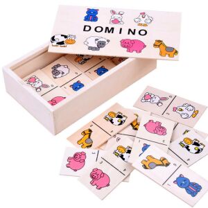 Domino logic game set with open wooden box and animal tiles - Domino, Chess Set