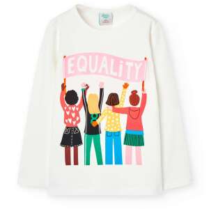 Tričko boboli EQUALITY ekrü s dlhým rukávom pre dievčatá, veľkosť 12 rokov (152 cm) s potlačou štyroch dievčat, ktoré držia transparent s nápisom EQUALITY - Boboli