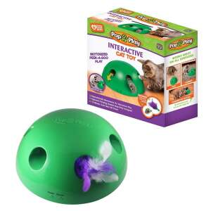Pop-N-Play Interactive Cat Toy, motorized peek-a-boo play, green dome with holes, purple feather toy, battery operated, for cats - Cat Toy
