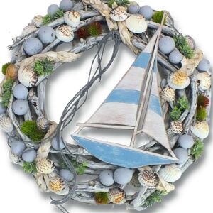 Nyári vitorlás koszorú, 32cm, vitorláshajóval, kagylókkal és pozsgásokkal díszítve - Koszorú