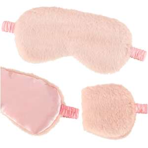 Różowa maska ​​do spania z futrem i satyną, pokazująca widok z przodu, tyłu i boku - Uroda i zdrowie