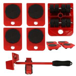 Furniture moving set, 5 in 1, with rollers, lifter and sliders, red - Kik