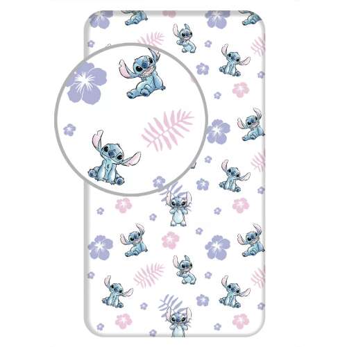 Disney Lilo & Stitch чаршаф с ластик, 90x200 cm, син Stitch с розови и лилави цветя