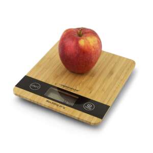 Esperanza Bamboo digital kitchen scale, brown, with an apple on top - Kitchen Scale