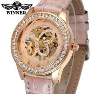 Winner Exclusive Skeleton Woman automata női karóra, rózsa arany színű óra rózsaszín bőr szíjjal és gyémánt díszítéssel - Skeleton