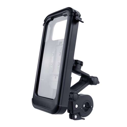 Kerékpár és Motorkerékpáros mobiltelefontartó, Vízálló, Érintőképernyő támogatása, Kormányra rögzíthető, 360°-ban forgatható, fekete