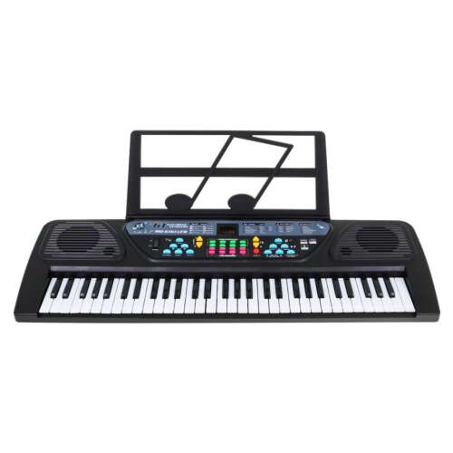 Black 61-key electronic keyboard with microphone, music stand, and MP3 player