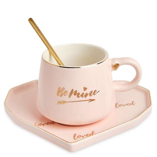 Kerámia bögre szív alakú tányérral és Pufo Be Mine kanállal kávéhoz vagy teához, 180 ml, rózsaszín