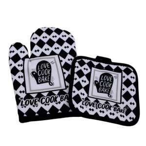 Love Cook Bake oven mitt and pot holder set, black and white checkered pattern - Oven Mitt
