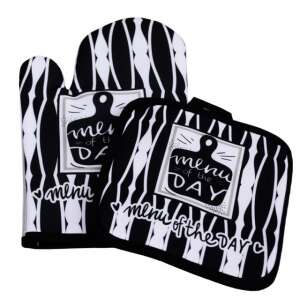 Menu of the Day oven mitt and pot holder set, black and white striped design with a cute menu of the day graphic - Oven Mitt