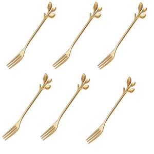 Set of 6 gold leaf forks, Pufo brand, for serving desserts, fruits, and cheese - Fork