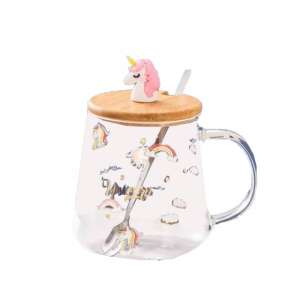 Pufo World of Unicorns glass mug with bamboo lid and unicorn design, 350 ml - Mug