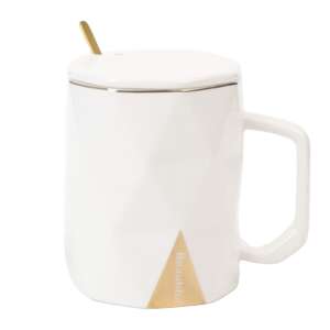 Pufo Hey Beautiful ceramic mug with lid and spoon for coffee or tea, 350 ml, white - Serving