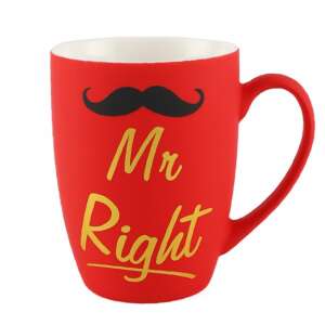 Red ceramic mug with Mr Right design, black mustache and gold lettering - Serving
