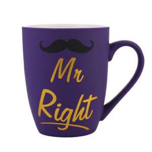 Pufo Mr Right purple ceramic mug with gold lettering and a black mustache design - Serving