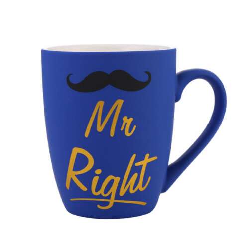 Pufo Mr Right blue ceramic mug with a mustache and Mr Right inscription