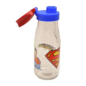 Pufo Superman Kids Water Bottle, 19 cm, Glass, Blue and Red Lid - Water Bottle
