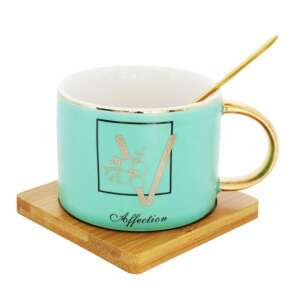 Pufo Reason light green ceramic mug with bamboo coaster and golden spoon, 180 ml - Serving