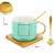 Pufo Reason light green ceramic mug with bamboo coaster and golden spoon, 180 ml, showing dimensions