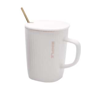 Pufo Simple ceramic mug with lid and spoon for coffee or tea, 320 ml, white - Nonbrand Mug