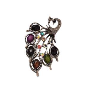 Peacock brooch with colorful stones, silver color, elegant, stylish, fashion accessory - Brooch