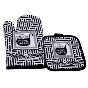Pufo Healthy Cook oven mitt set, black and white, heat resistant, for grilling, baking, and serving hot dishes - Oven Mitt
